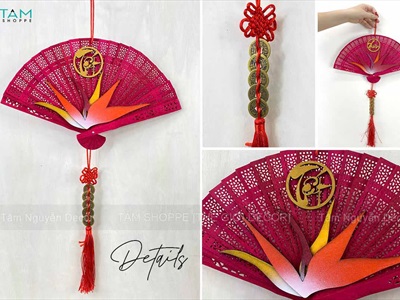 Quạt đỏ hoa Thiên Điểu treo trang trí Tết [Đa dạng chữ - Quạt gỗ] QUAT-08